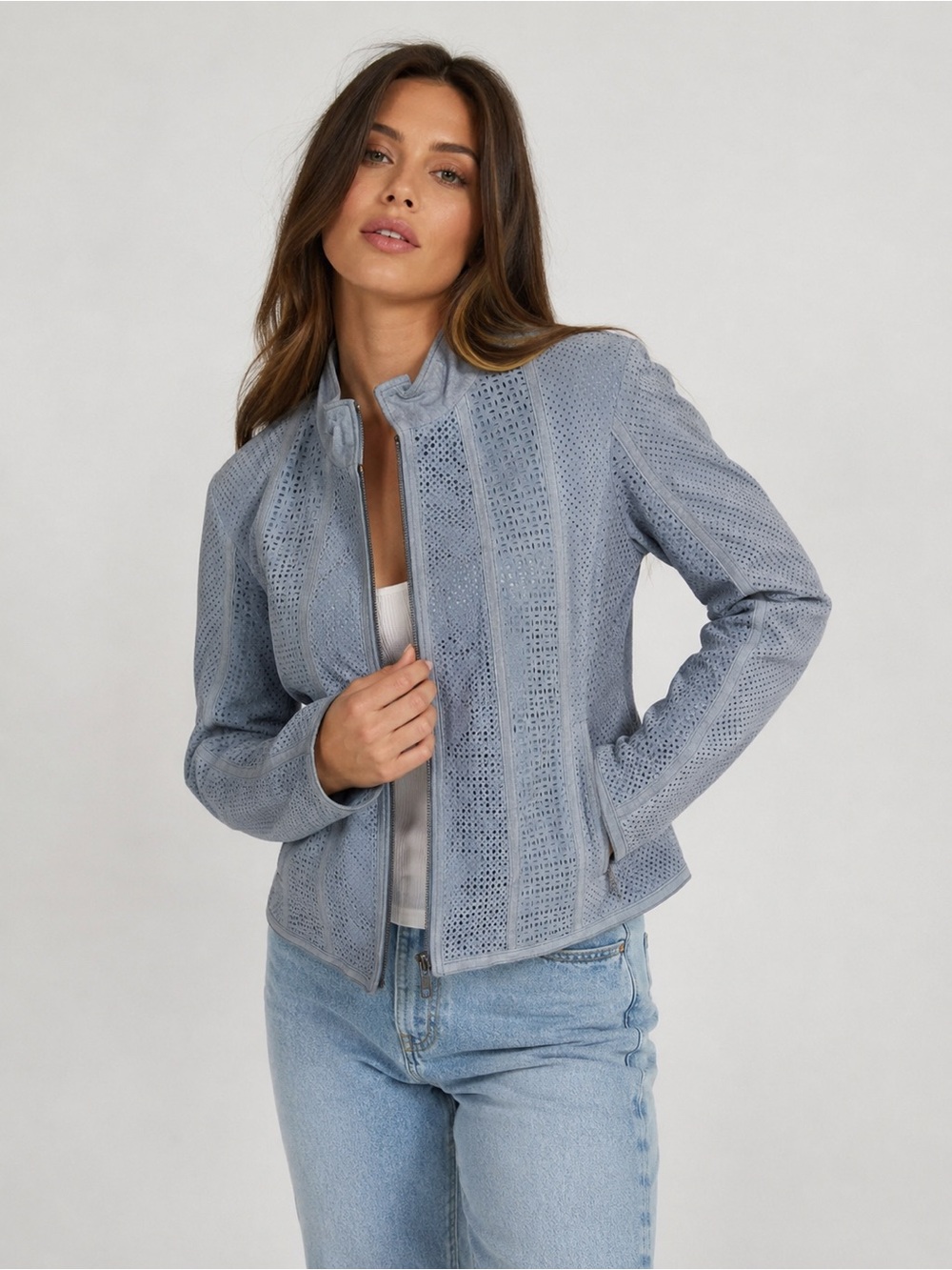 Yvonne Le Marie 100% Leather Perforated Jacket Blue Gray Zip Front - XL